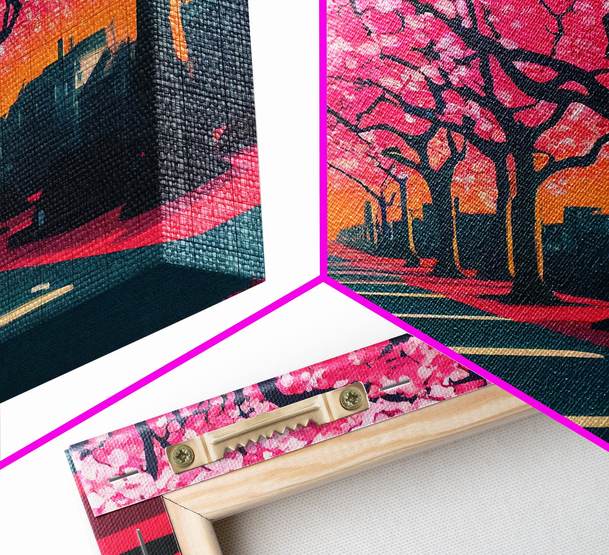 Street lined with Cherry Blossoms, Cherry Blossom Tree Art, Framed Canvas Print, Ready To Hang Wall Art, Framed Wall Art
