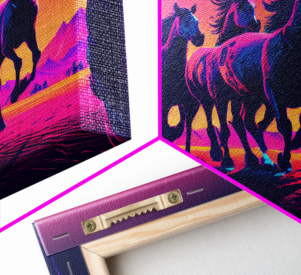 Herd of Wild Horses, American Western decor, framed canvas print, synthwave animal art