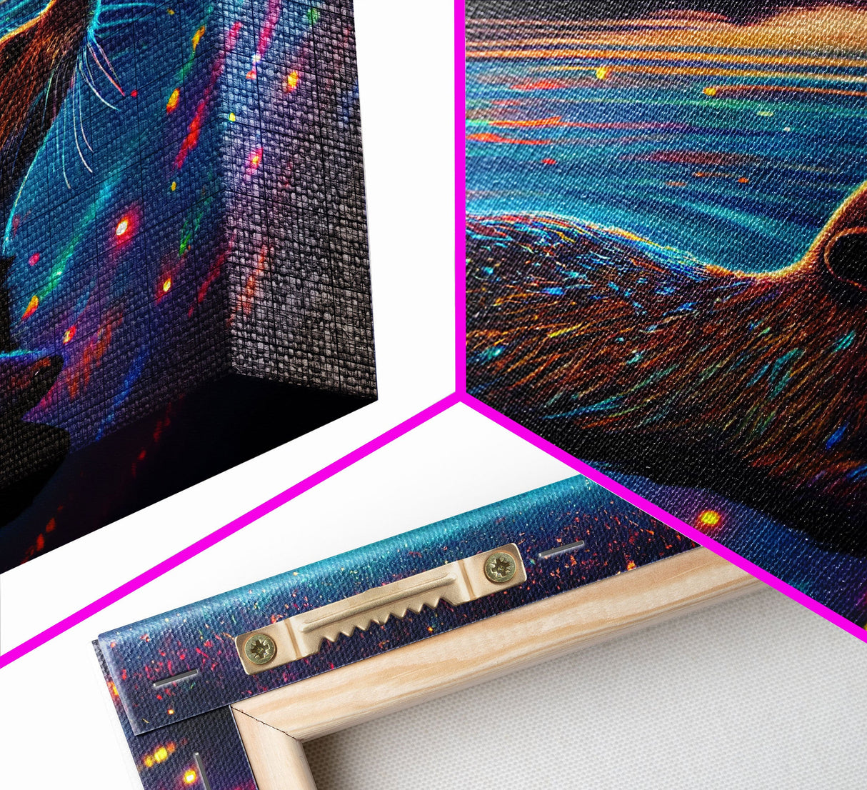 Cute beaver swimming at midnight, vaporwave aesthetic animal print art, starry night beaver, framed canvas print