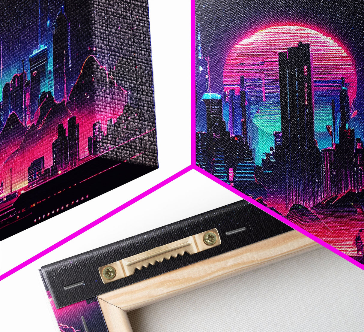 Cyberpunk city skyline superimposed over a sunset, synthwave style dystopian art, framed canvas print