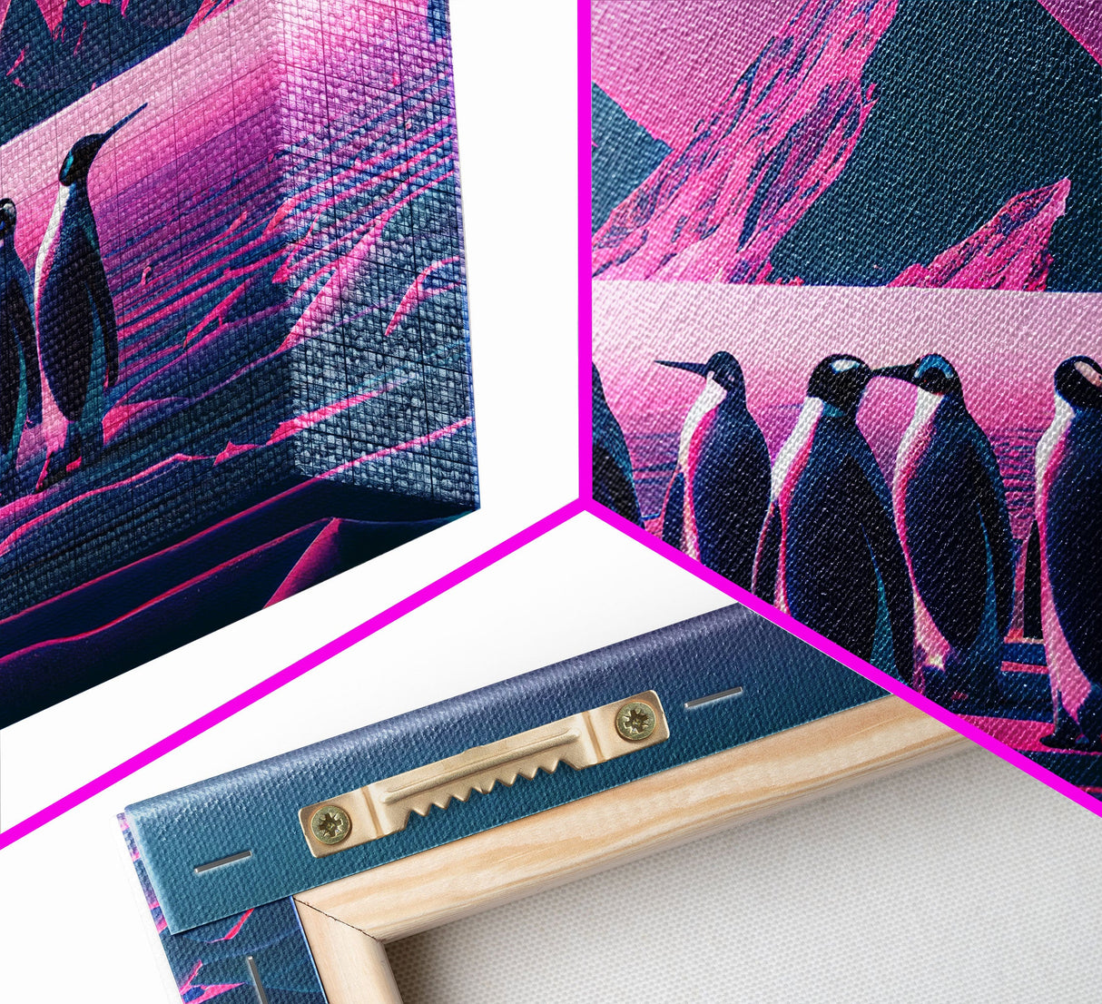 Penguins on the nice, cute animal prints, framed canvas print, synthwave / vaporwave art