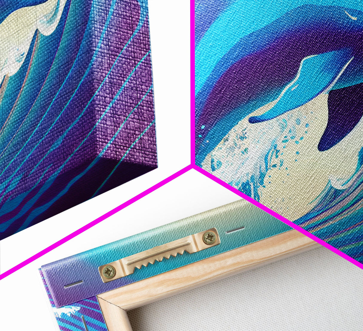 Dolphin riding a wave, cute animal prints, vaporwave animal art, framed canvas print