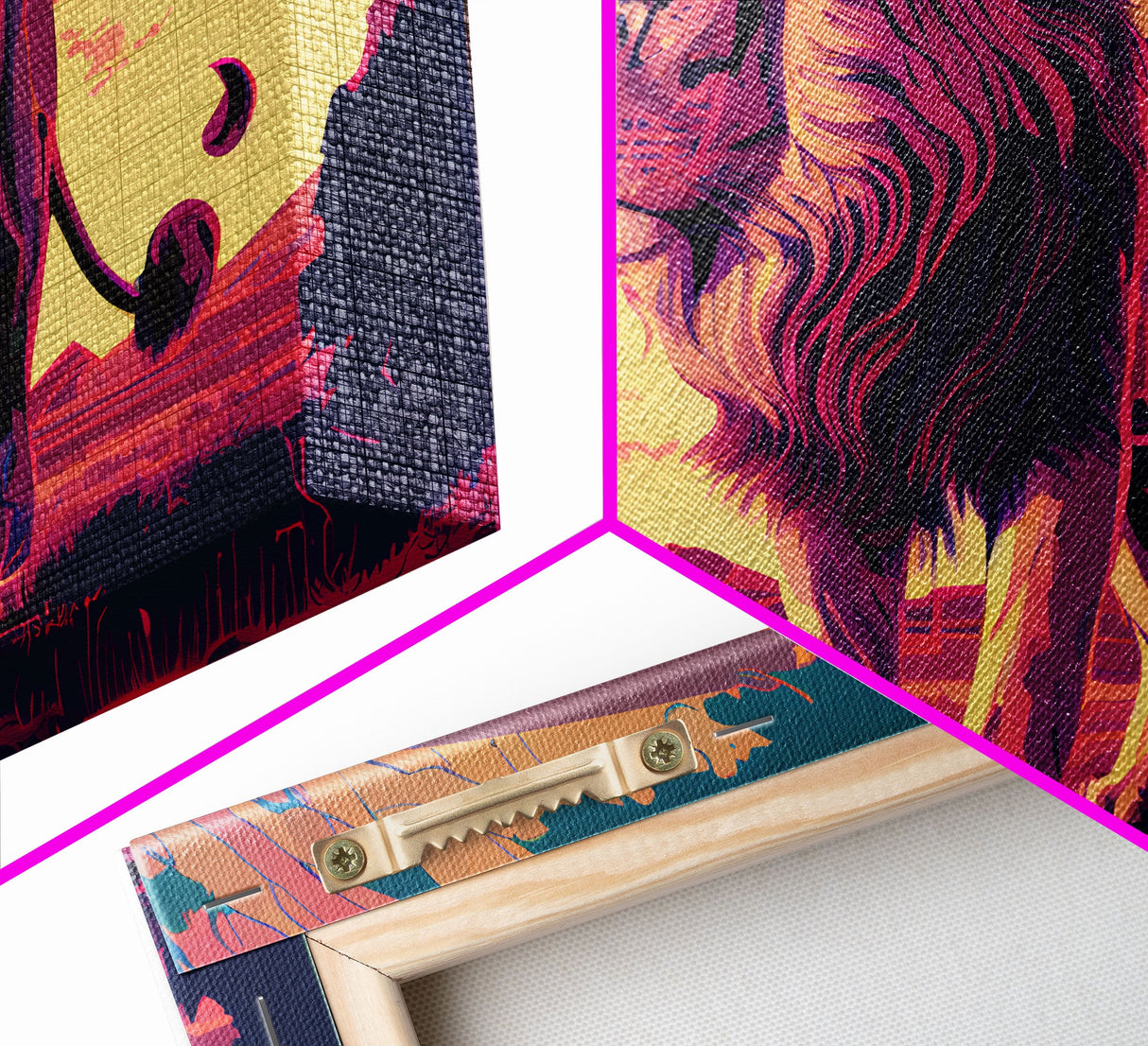 Retrowave watercolor painting of an African Lion, framed canvas print, unique large format wall art