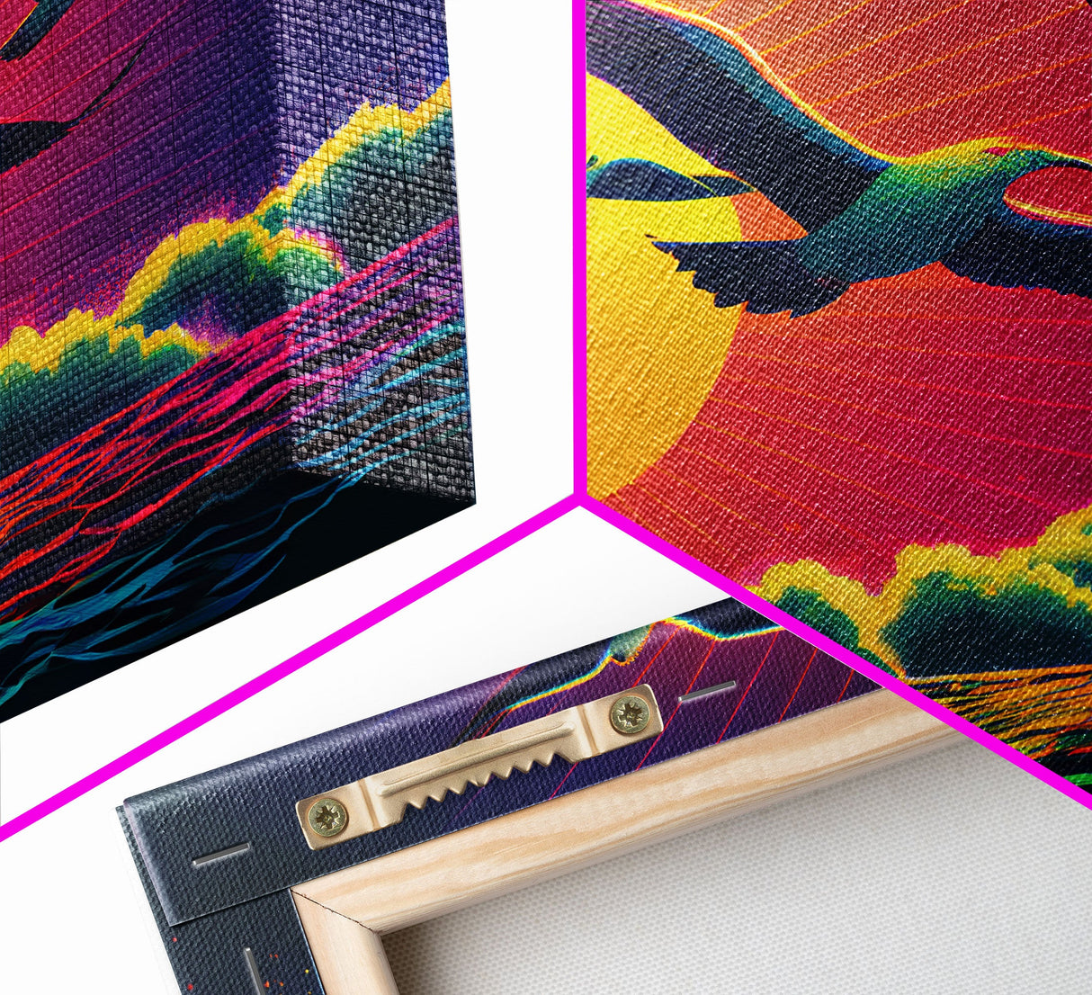 Flock of Seagulls, art deco style sun, framed canvas print, synthwave retrowave animal art