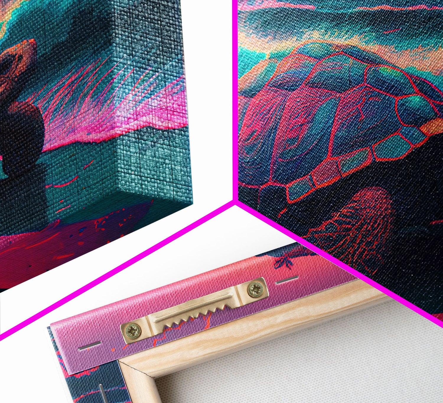 Sea turtle fighting the waves, framed canvas art, synthwave, vaporwave, animal prints