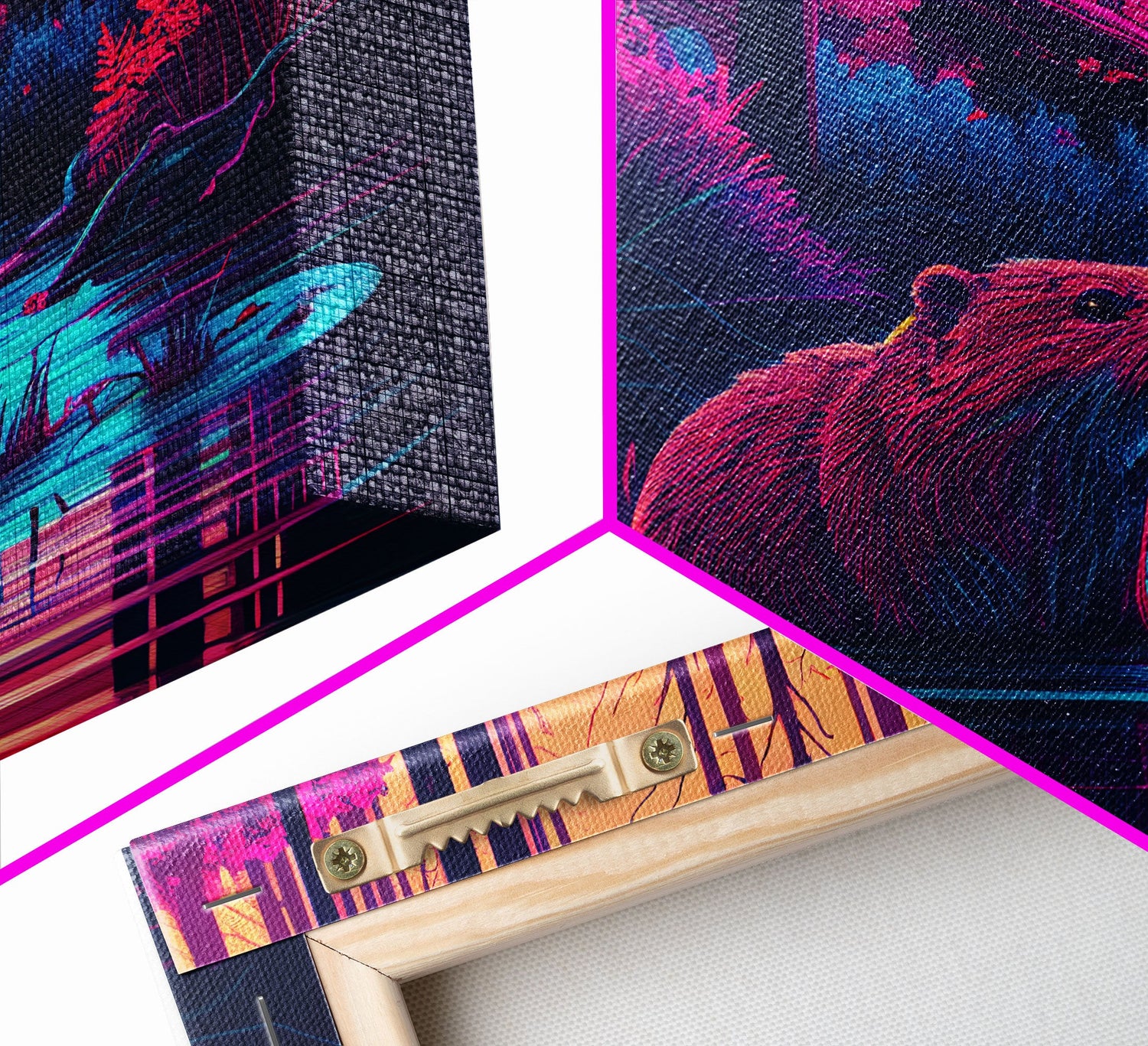 Cute beaver in a river, pink vaporwave art, animal  prints, framed canvas print, framed wall art