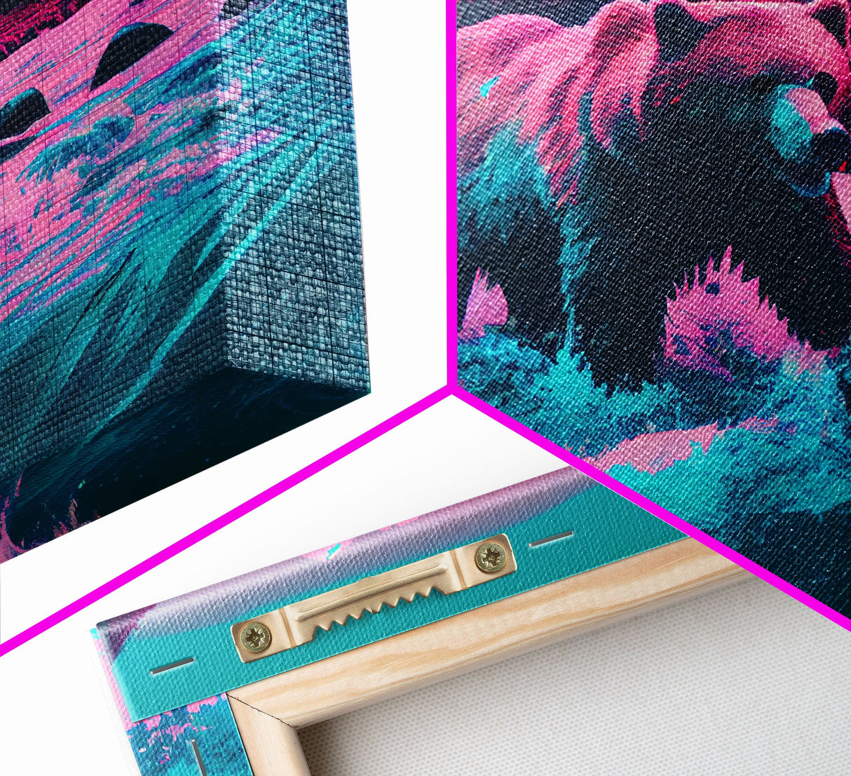 Grizzly bear crossing a river, vaporwave style animal print art, framed canvas print
