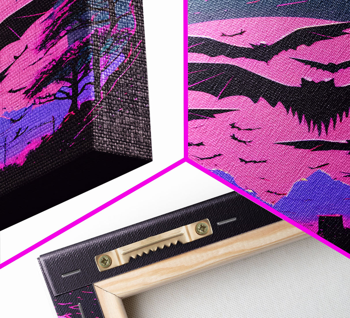 Vampire Bat Art, Horror, framed canvas print, bats in flight over a pink full moon, Halloween Decor, Halloween Wall Art