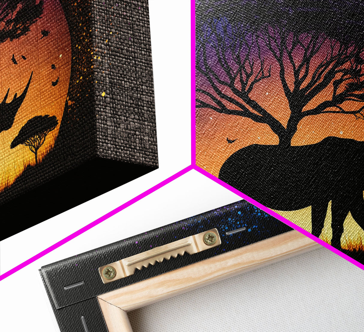 Rhino Silhouette against a starry night sky, wildlife art, animal prints, framed canvas print