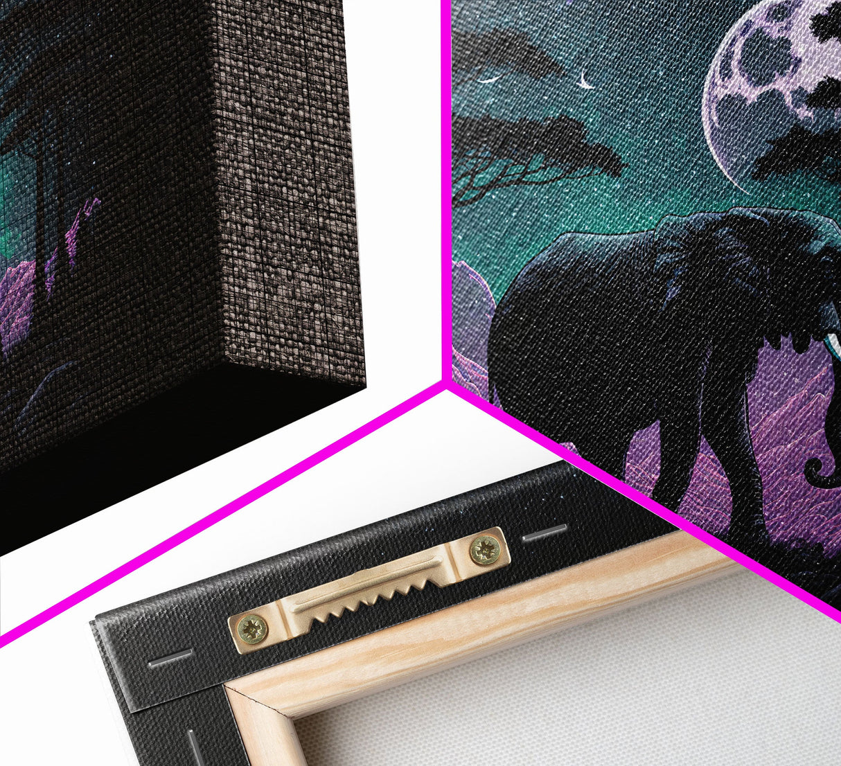 Synthwave Elephant Art | Framed Canvas Print | Framed Wall Art | Animal Prints | Wildlife Art | Elephant Walks Under A Full Moon