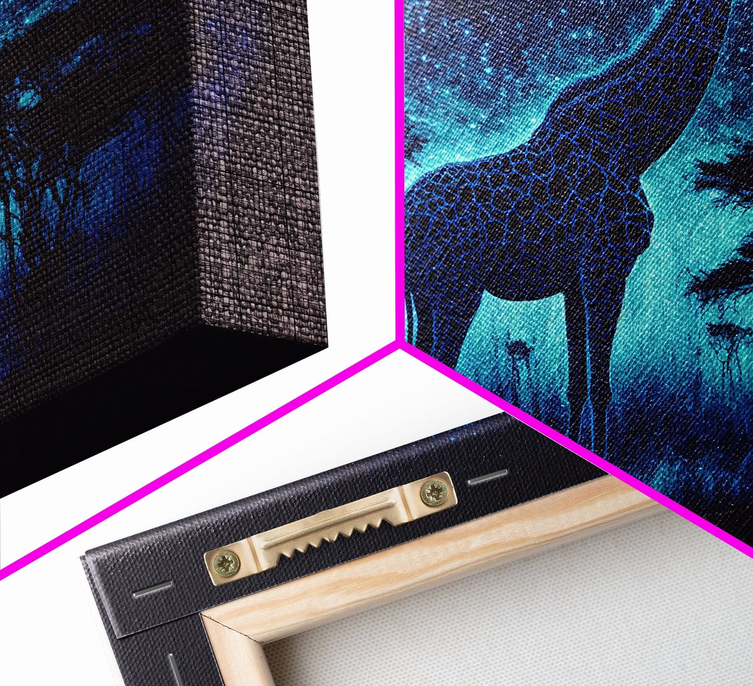 Surreal Giraffe Art, Wildlife Print, Animal Prints, framed canvas print, framed wall art, colorful turquoise night sky