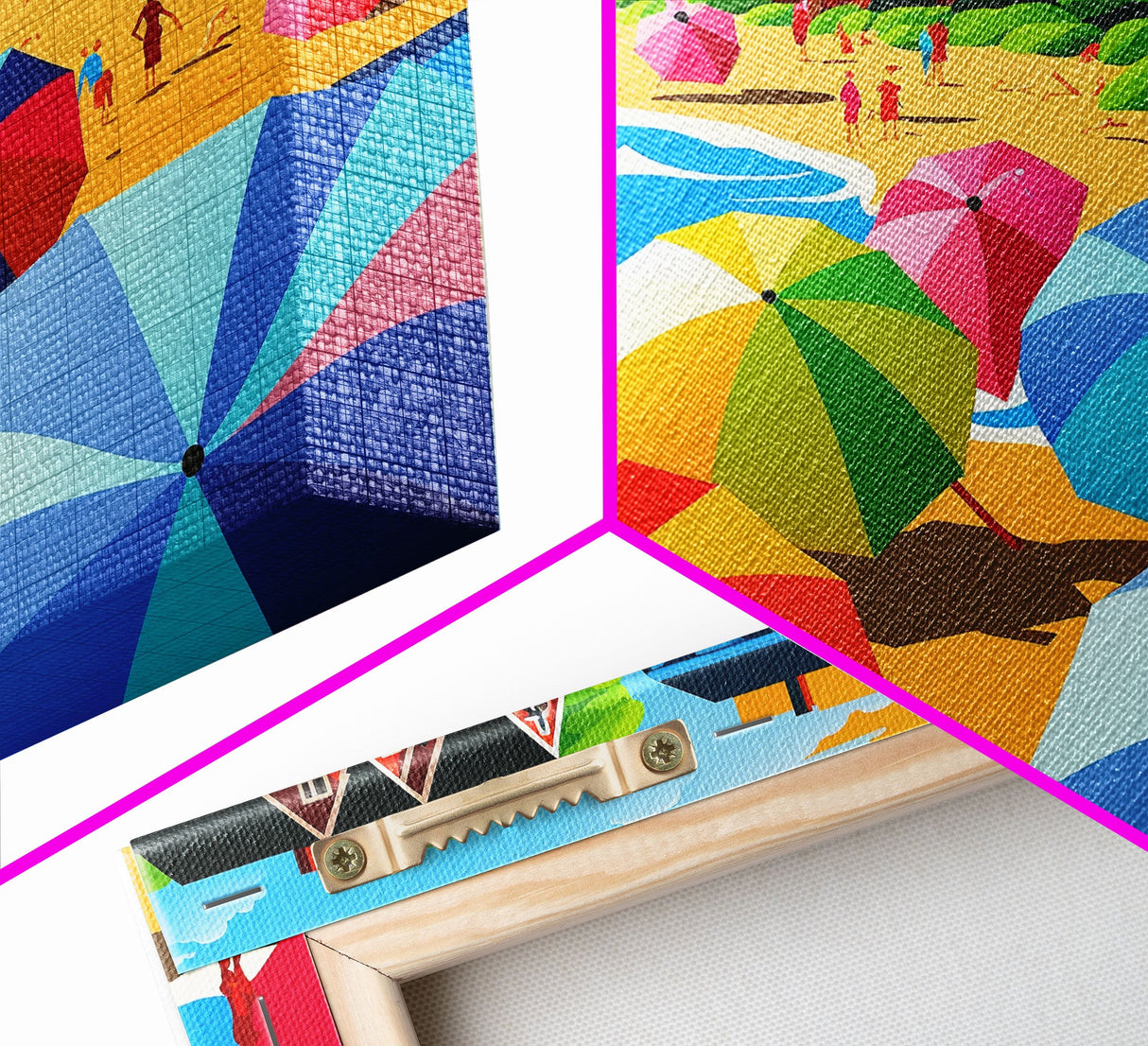 The Beach Crowd, Art Deco Pop Art Mashup, Framed Canvas Print, Colorful Beach Umbrellas, Beach House Lake House Decor