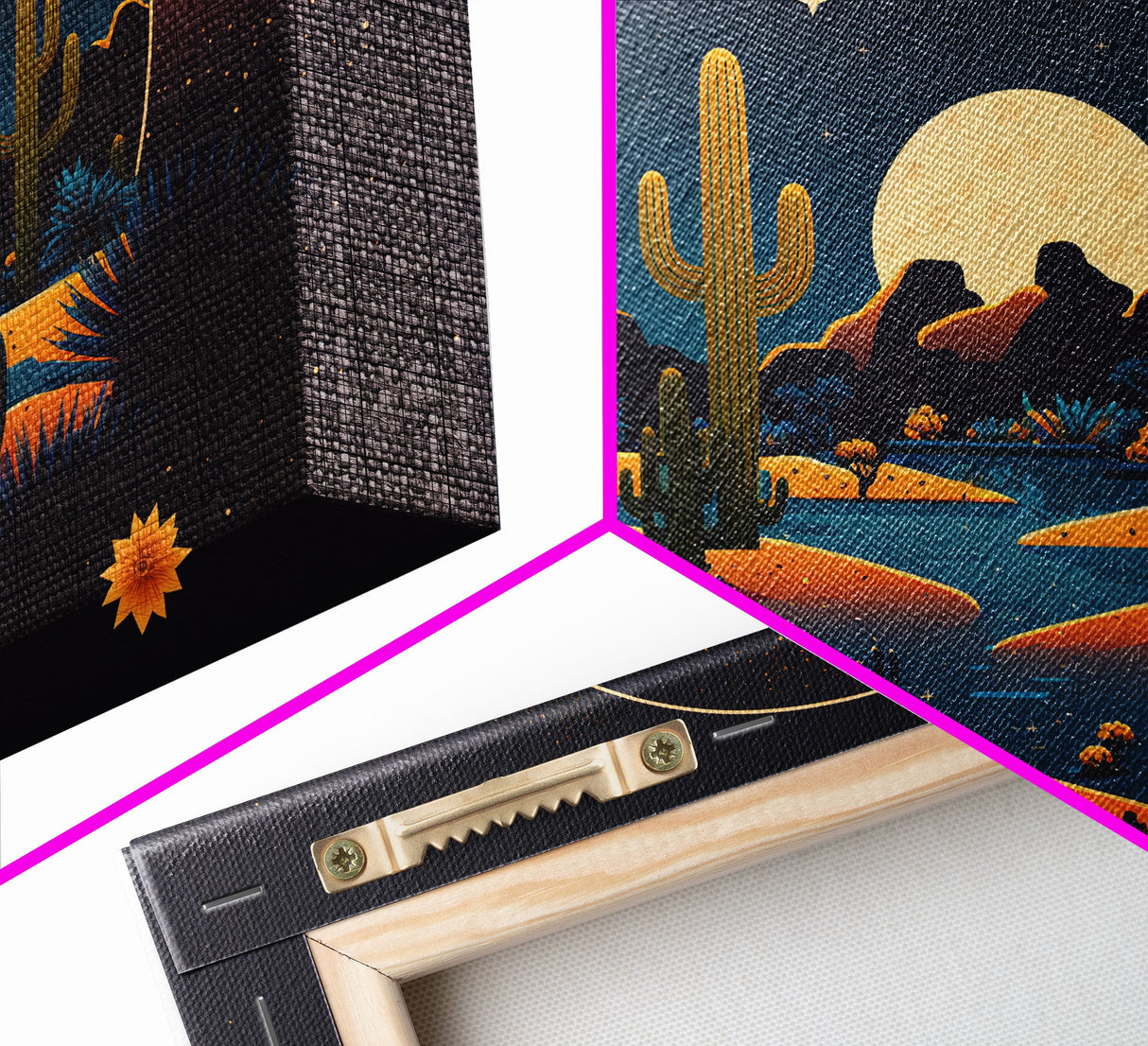 Retro Art Deco Style Pueblo Desert Art, Cactus Desert Landscape under a Full Moon, Framed Canvas Print, Cute Western Decor