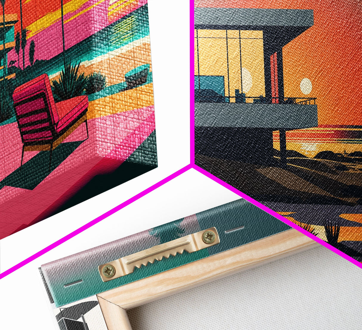 Vaporwave Aesthetic Wall Art Framed Canvas, Set of 3 Framed Canvas, Tropical Decor, Travel Posters, Original Art Framed Canvas