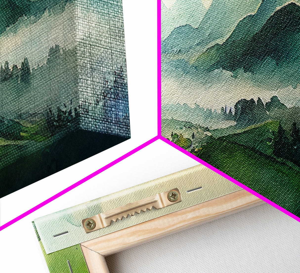 Green Blue Foggy Mountain Valley Watercolor Canvas Art Print, Panoramic Misty Rolling Hills Landscape, Extra Large Panorama Print