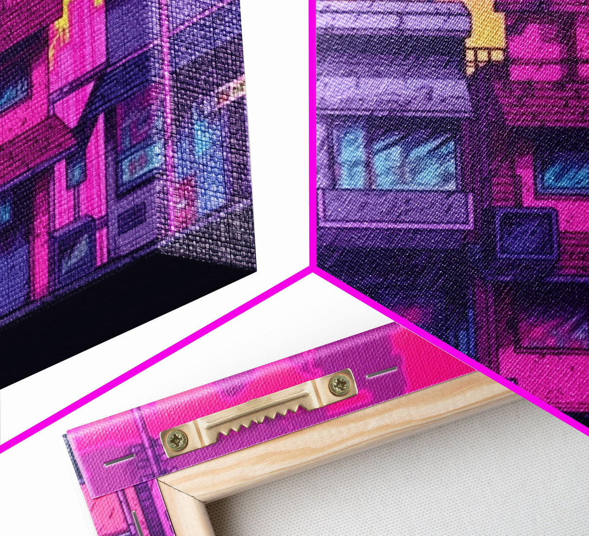 Neighborhood Wall Art - Framed Canvas Print - Original painting - Pop Art Style - Colorful painting - Synthwave Style - Pink colors