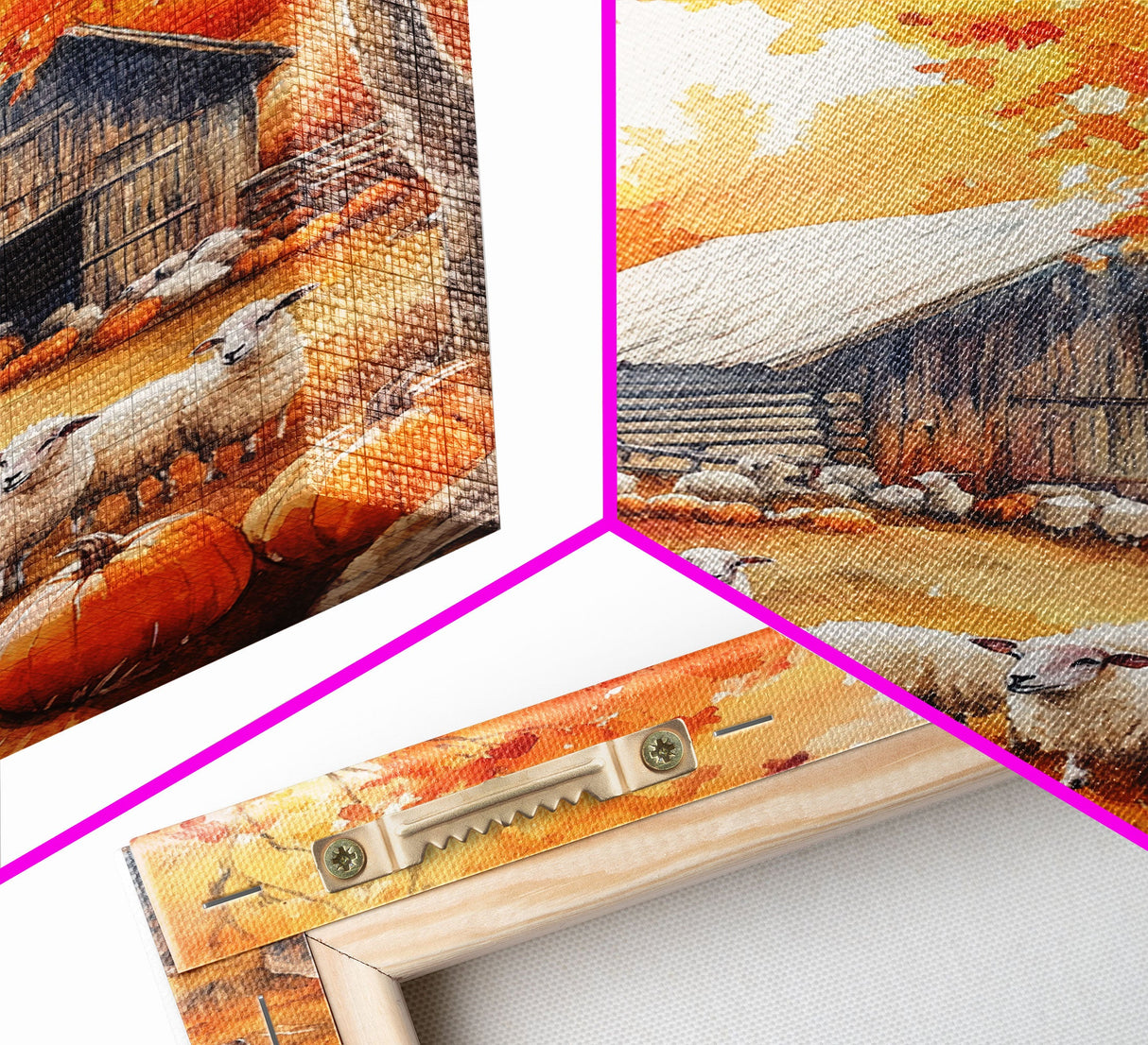 The Sheep Farm In Fall Framed Canvas Print, Farmhouse Decor, Boho Painting Wall Art