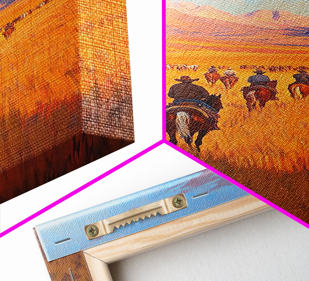 Cowboy Campfire Framed Canvas Print, Evening Gathering with Riders Around Fire, Western Landscape Art for Fall or Winter Home Decor