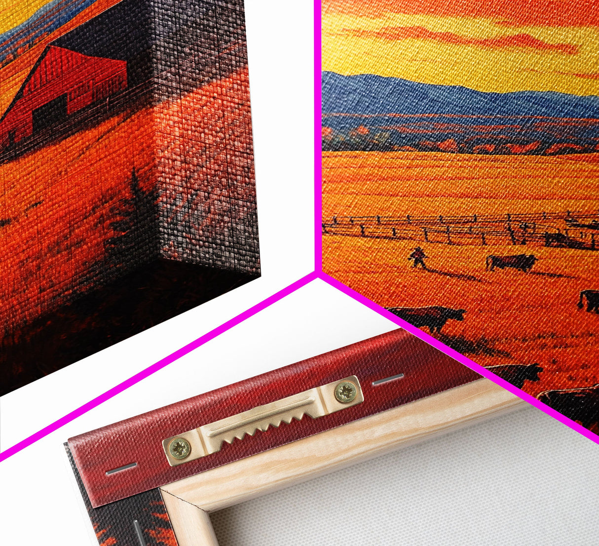 Golden Fields and Barn Framed Canvas Print, Pastoral Landscape with Mountains Grazing Cows, Rustic Fall Wall Art Farmhouse Ranch Style Decor