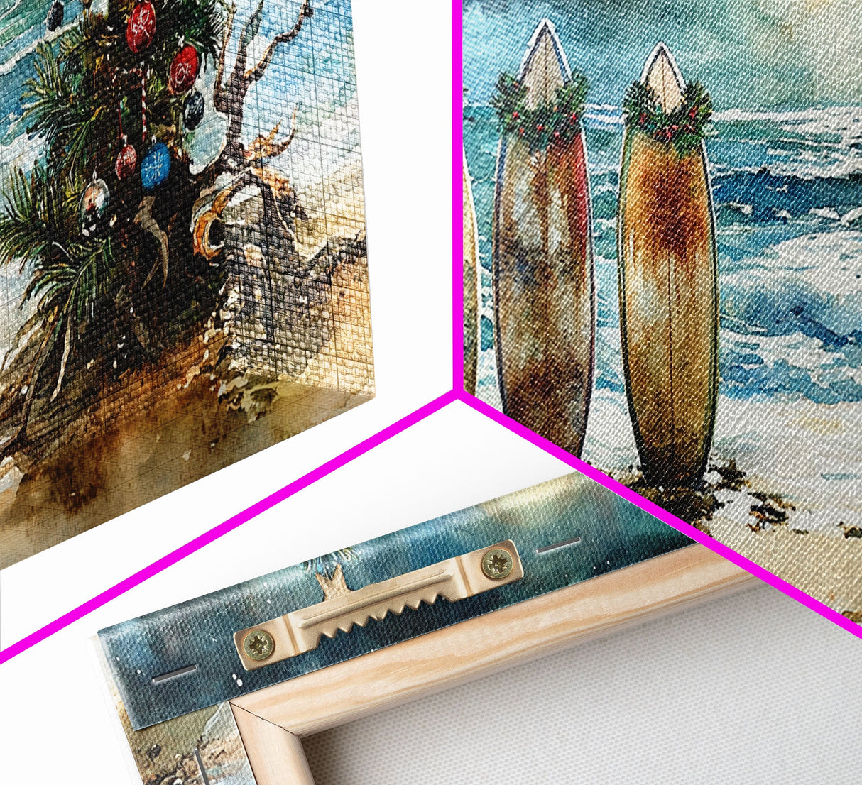 Canvas Print Surfboards and Christmas Tree at Beach, Tropical Christmas Decor, Beach Christmas Art, Coastal Holiday Wall Art