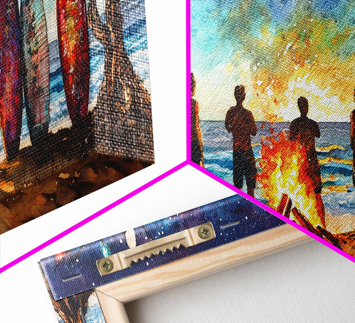 Canvas Print Beach Bonfire with Surfboards Under Stars, Coastal Christmas Art, Tropical Holiday Wall Art, Beach Christmas Decor