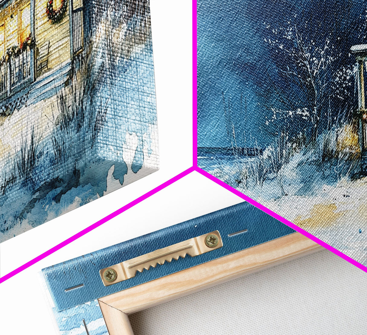 Coastal Christmas cabin decor, winter beach house art, snowy holiday seaside print, cozy Christmas wall art, framed canvas print