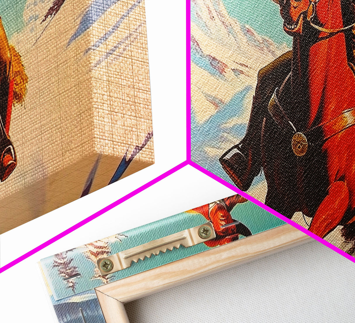 Cowboy in red jacket riding through snow-covered forest, Framed Canvas Print, vibrant winter wall art, rustic western decor