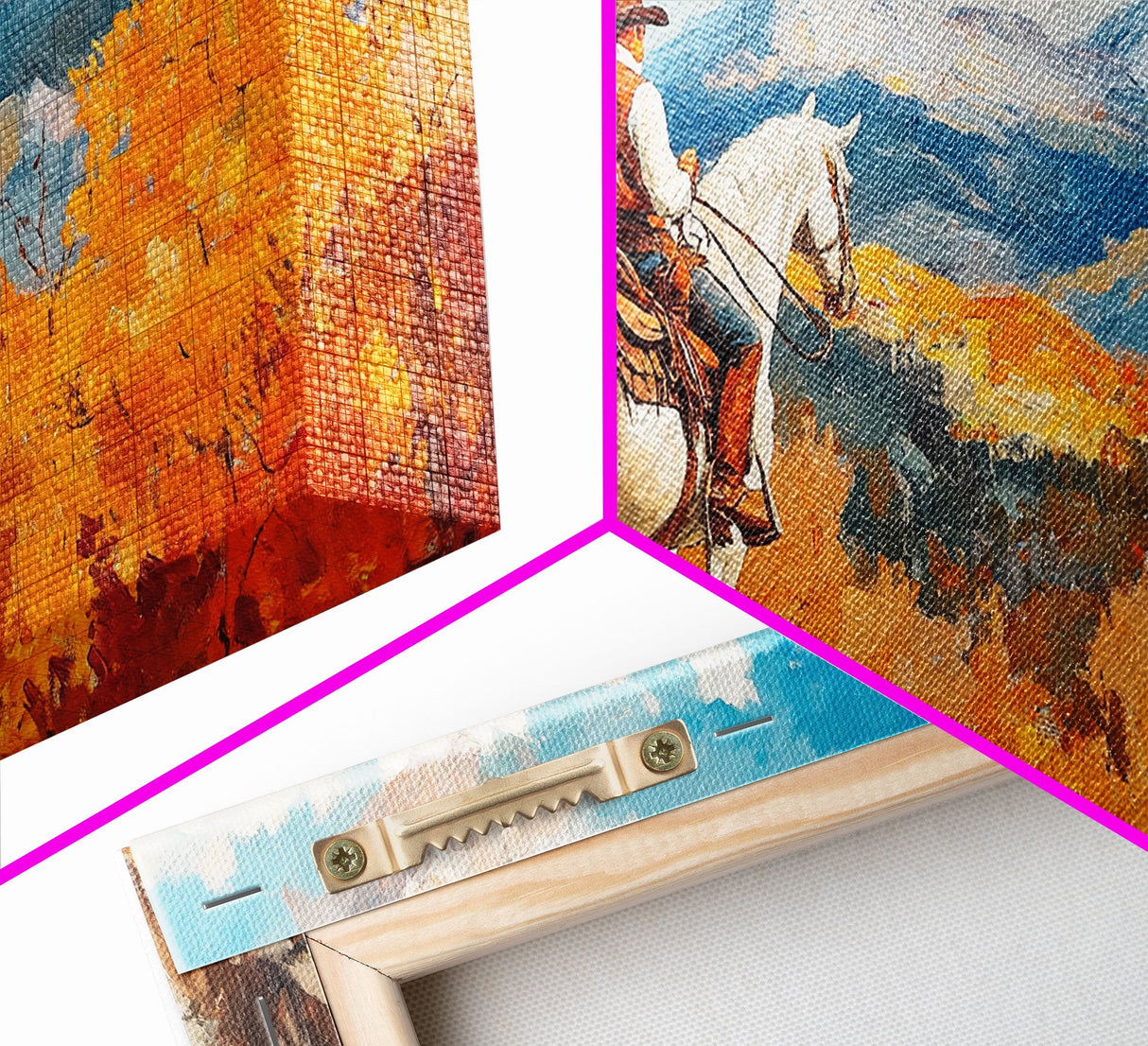 Cowboy on autumn swing, Framed Canvas Print, rustic Western art with vibrant fall, tall framed canvas print autumn decor farmhouse wall art