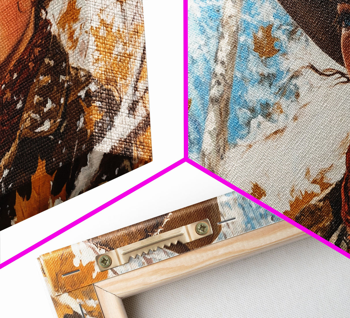 Western-inspired Framed Canvas Print of a woman on horseback in a snowy mountain landscape, holiday wall art and winter wonderland vibes