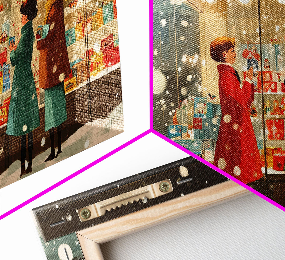 Christmas Window Shopping Scene Framed Canvas Print, Nostalgic Winter Holiday Wall Art Decor, Best Christmas Gift Idea, City Christmas Decor