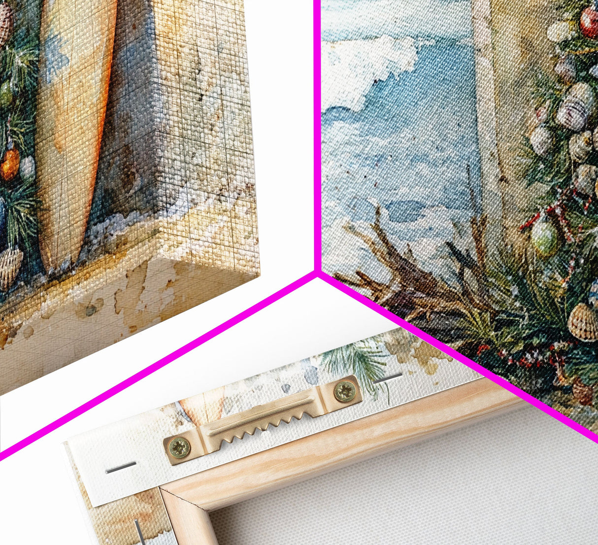 Coastal Christmas Scene Surfboards Christmas Tree Framed Canvas Print, Beach Holiday Decor Wall Art With Surfing Theme