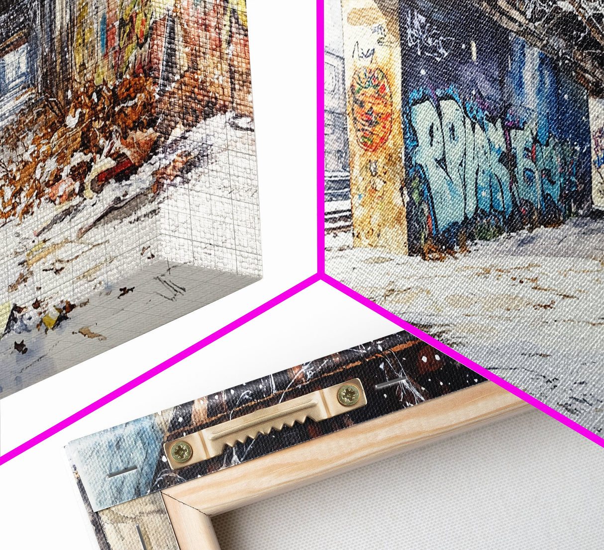 Rustic Urban Wreath Holiday Decor Framed Canvas Print, Christmas Scene with Snowfall and Graffiti Wall Perfect Holiday Wall Art