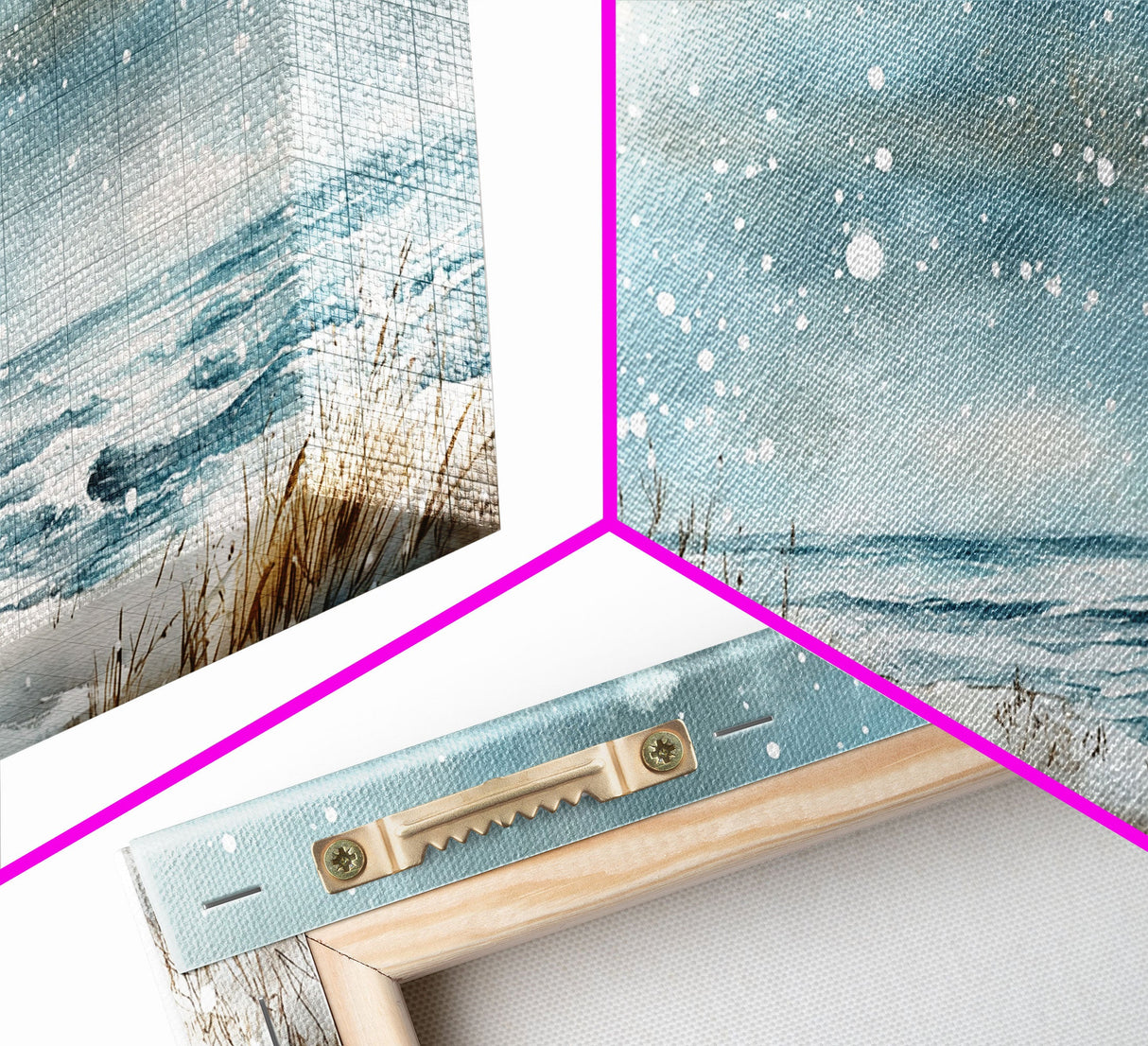 Coastal Christmas Lighthouse Decor Framed Canvas Print, Snowy Beach Scene with Holiday Wreath and Lighthouse Winter Wall Art