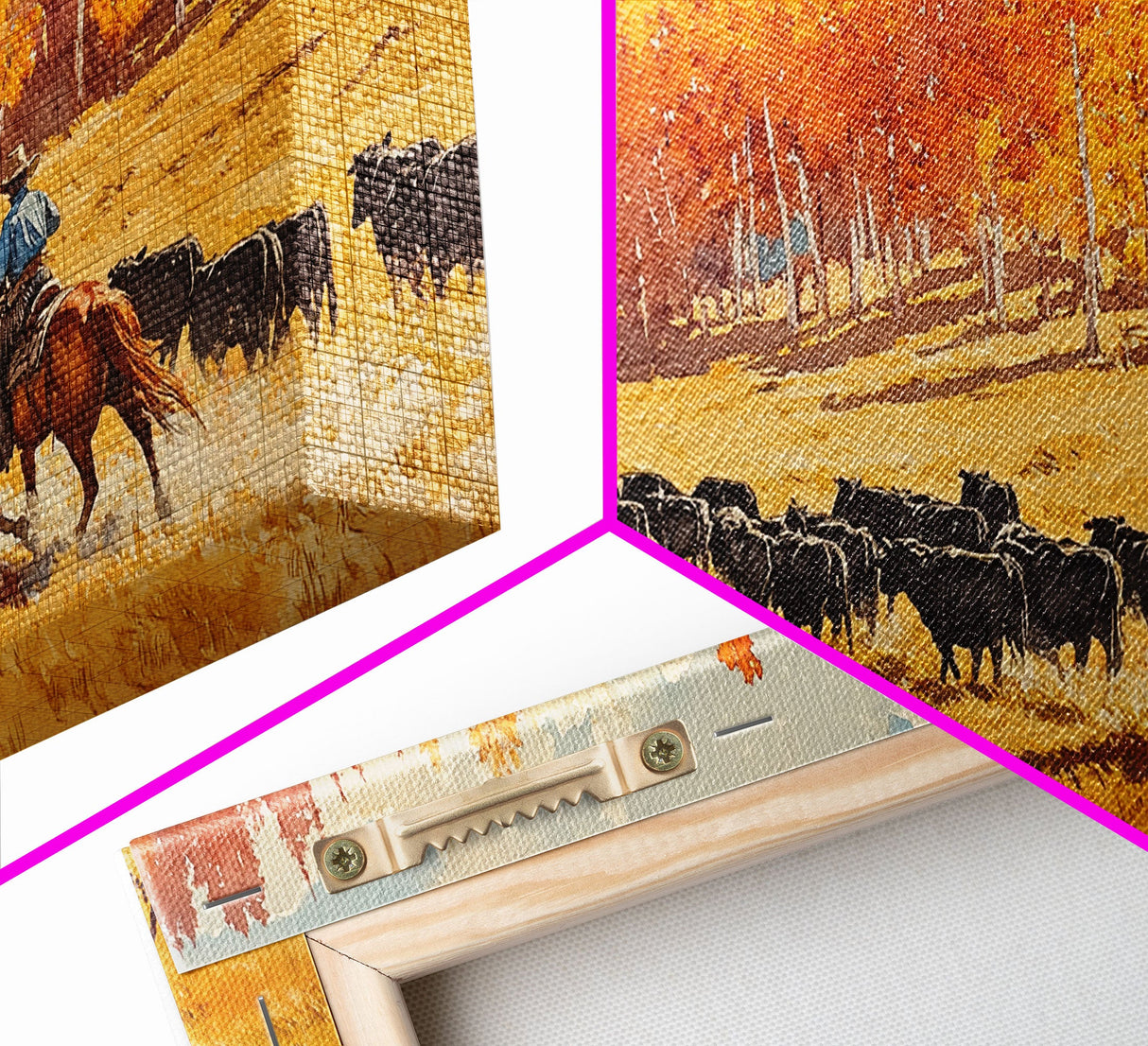 Cowboy Herding Cattle Under Mountains Framed Canvas Print Tall Art Autumn Country Landscape Fall Decor Western Wall Art Farmhouse Gift Idea