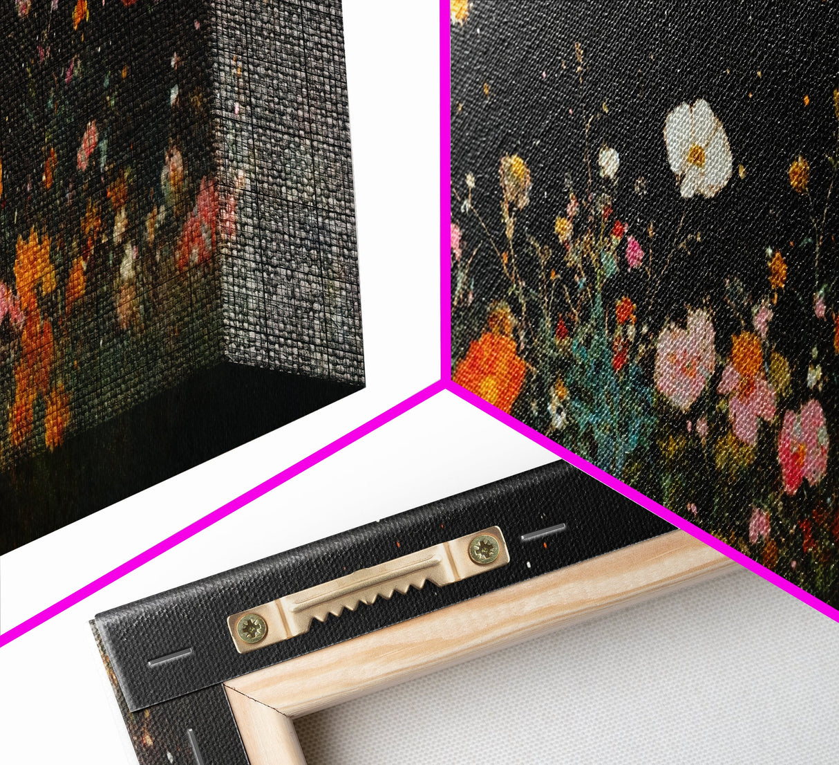 Dark & Moody Wild Flowers Under a Full Moon, Framed Canvas Print, Panoramic Extra Wide Wall Art, Oversized Home Decor