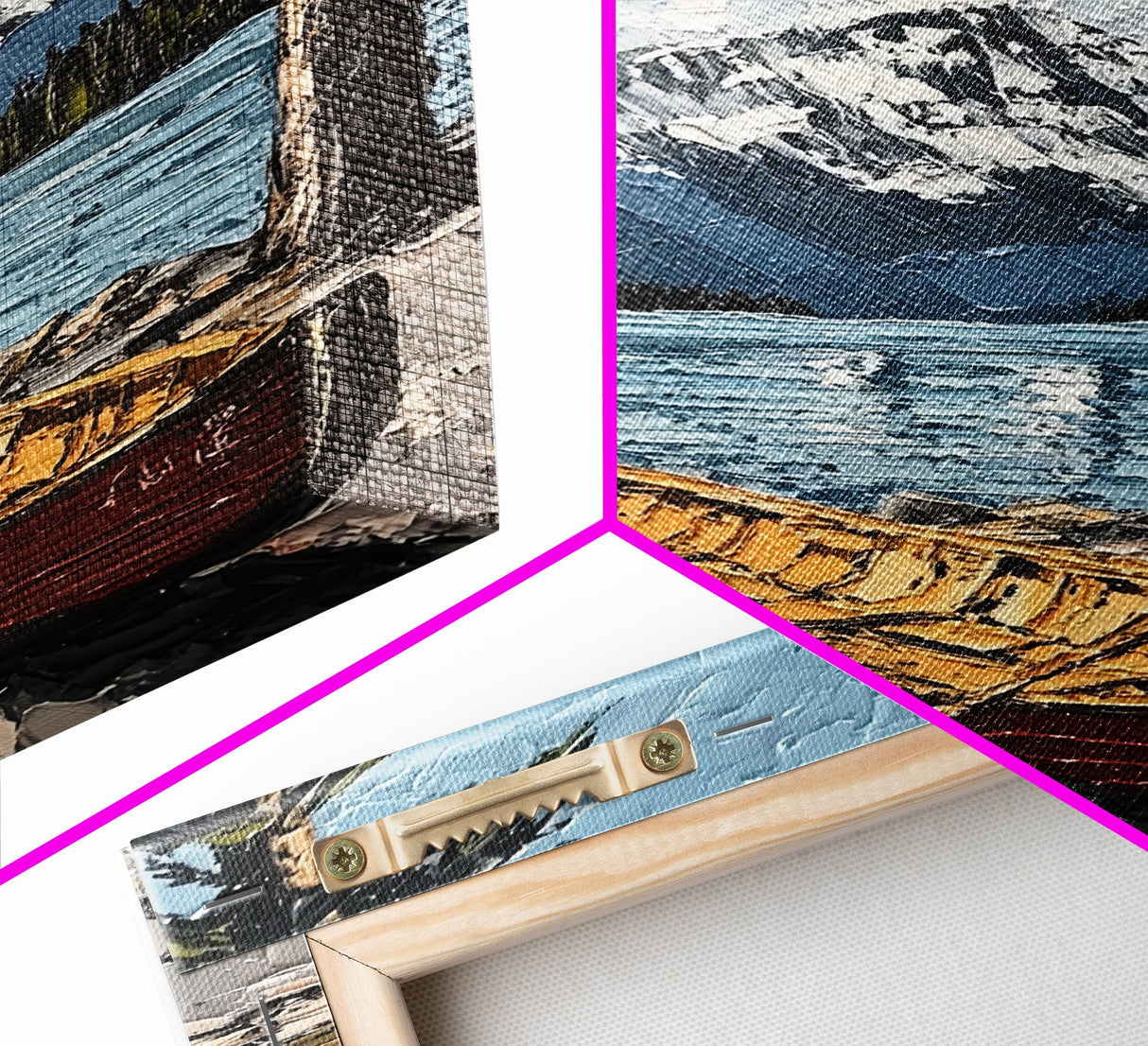 Canoe in the Mountains Framed Canvas Print, Abstract Pacific Northwest Oil Painting Print, Oregon or Washington Wall Art