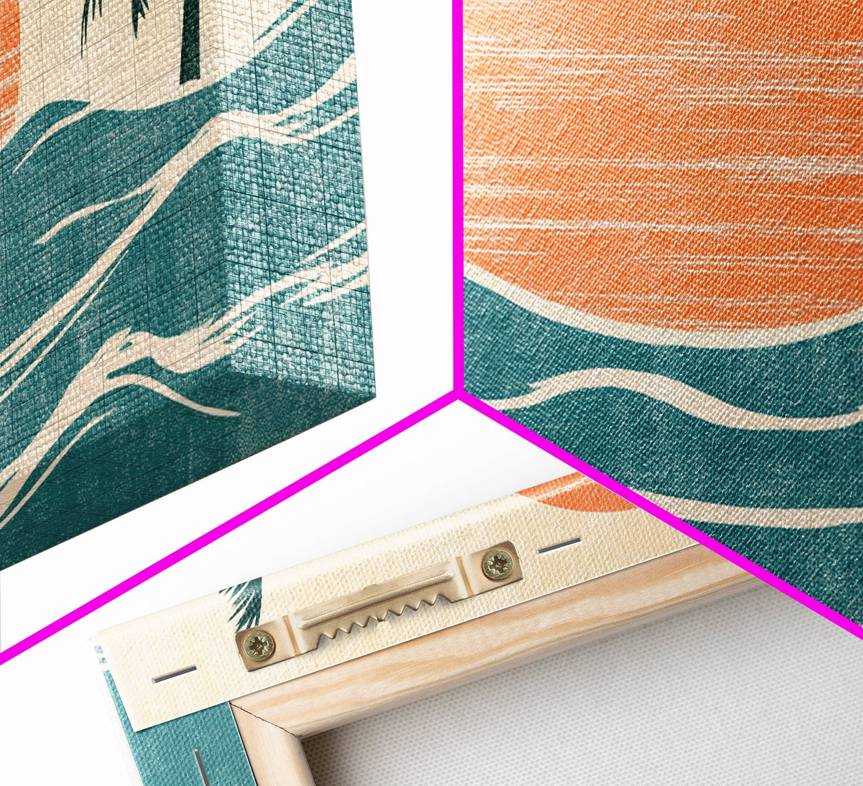 Japanese Wood Block Print Style Sunset and Palm Trees, Framed Canvas Print, Boho Style, Minimalist home Decor
