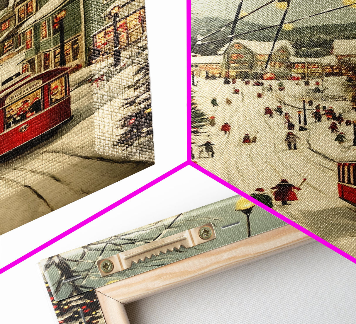 Vintage Christmas Trolley Painting Print, Framed Canvas Art, Christmas Village Wall Art