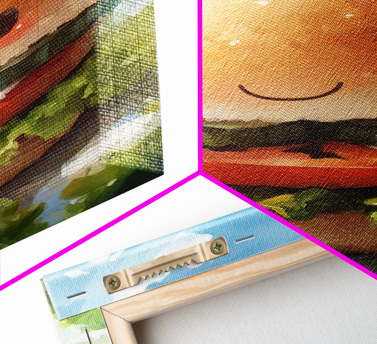 Kawaii Hamburger Canvas Print, Cute Hamburger Painting, Kitchen Decor, Kawaii Wall Art, Veggie Burger Painting