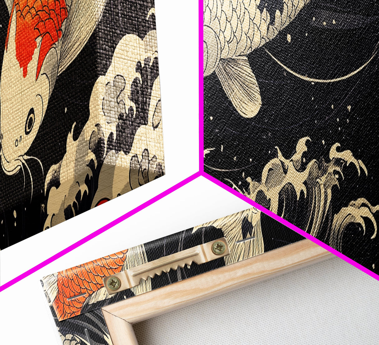 Wabi Sabi Boho Painting Print of Ko Fish, Japanese Style Decor, Panoramic Horizontal Wall Art, Extra Wide 70 Inch Wall Art, 72 Inch Wide Art