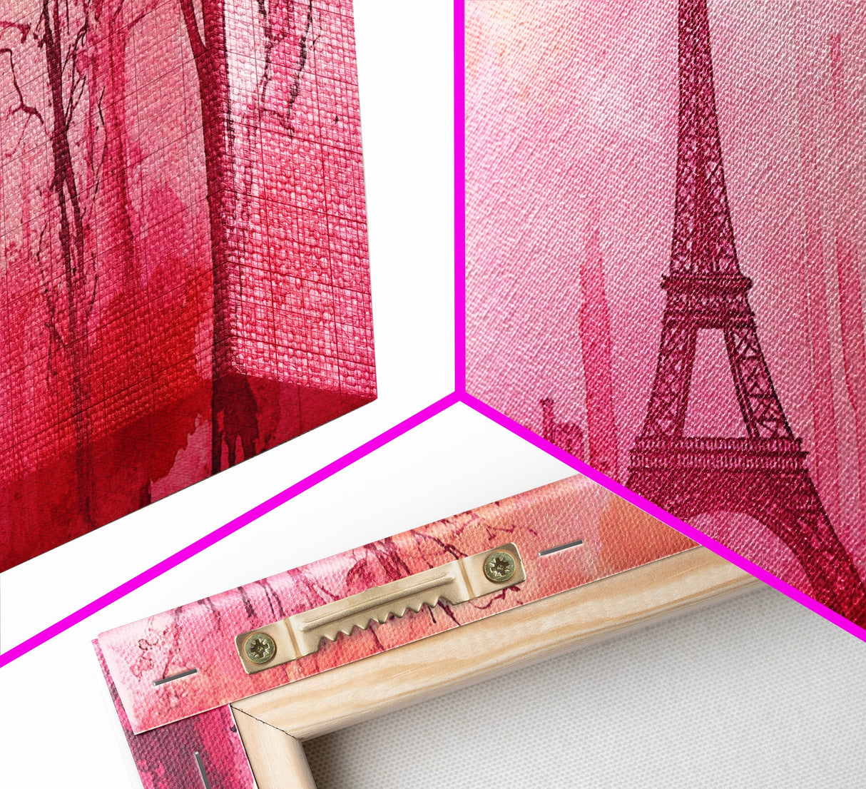 Eiffel Tower Painting Framed Canvas Print, Paris Pink Wall Art Romantic Decor, Horizontal Wall Art Living Room Rustic Gift Idea