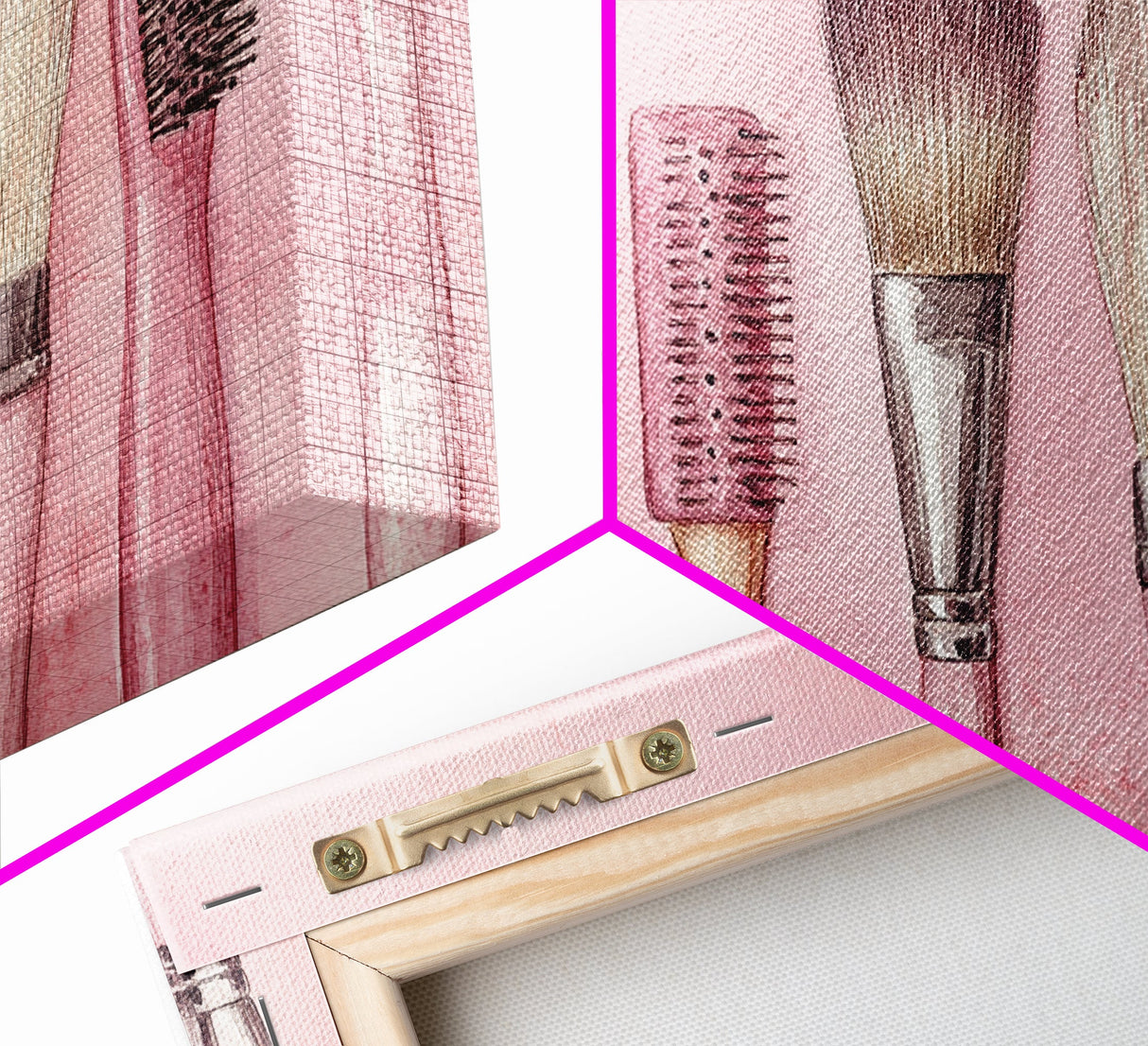 Makeup Brush Art Framed Canvas Print, Light Pink Chinoiserie Wall Art Whimsical Decor, Minimalist Art Rustic Wall Gift Idea