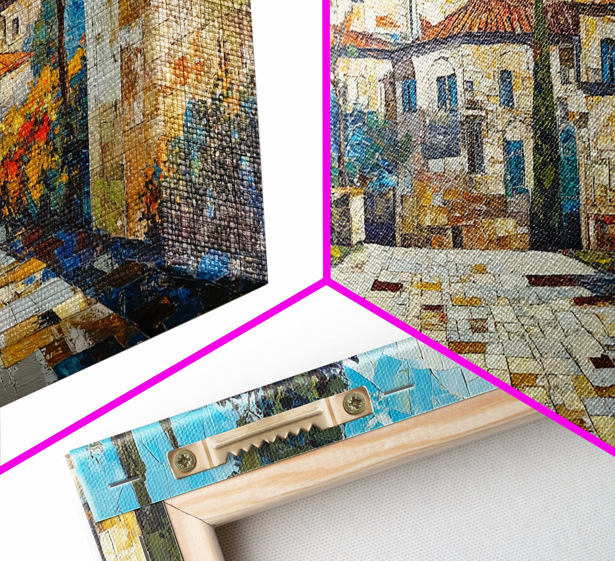 Mediterranean Village Mosaic Framed Canvas Print - Vibrant Coastal Landscape Art - Nautical Decor Living Room Rustic Wall Art