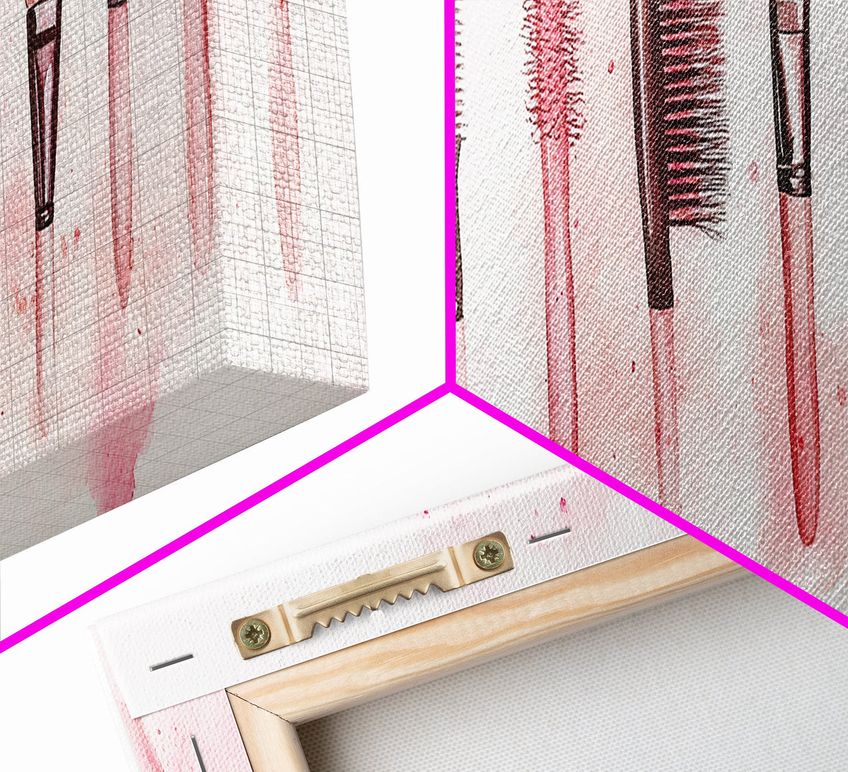 Framed Canvas Print of Makeup Brushes and Combs in Pink Ideal Gift Idea with Whimsical Art for Vanity or Beauty Room Wall Decor