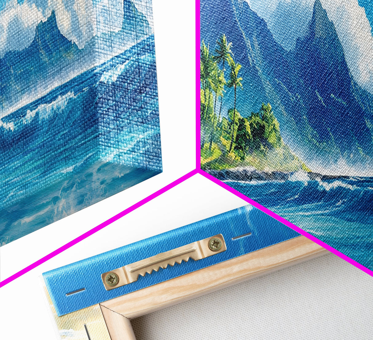 Tropical Paradise Beach Framed Canvas Print - Panoramic Hawaii Coastal Painting, Nautical Wall Art, Ocean View Living Room Wall Decor
