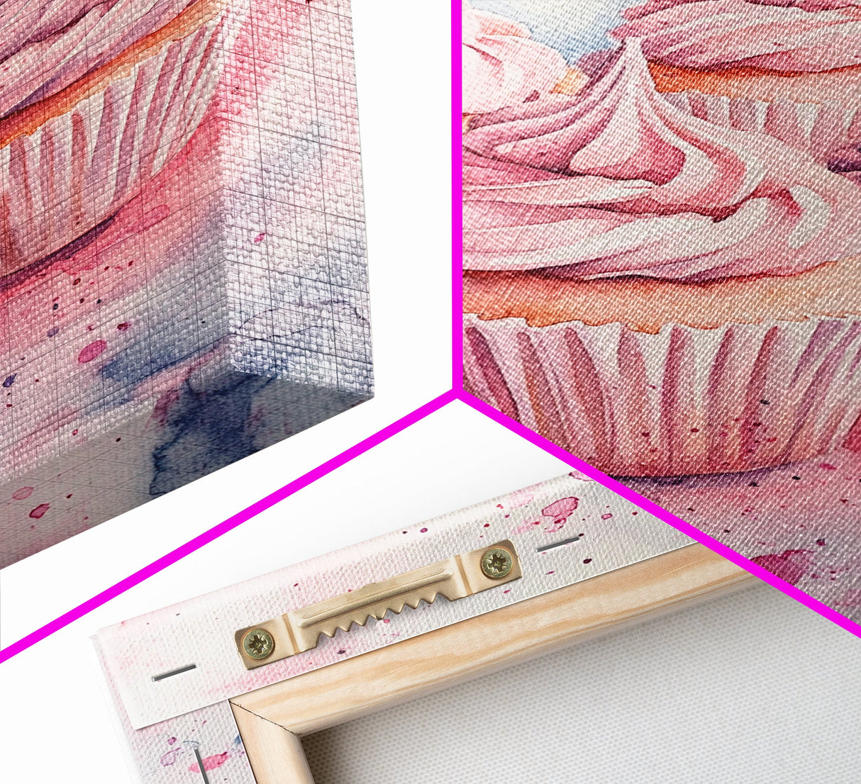 Pink frosted cupcake painting on framed canvas print, whimsical art, food review kitchen art, living room art, guest room decor