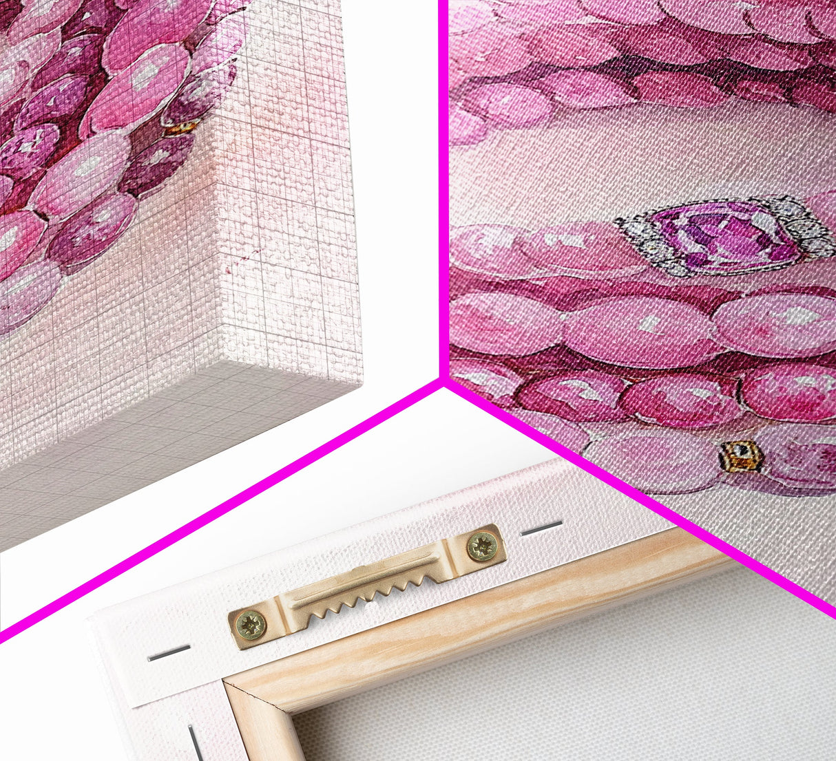 Pink Gemstone Bracelet Painting Framed Canvas Print, Whimsical Jewelry Art Light Pink Decor, Feminine Bedroom or Gift Aesthetic