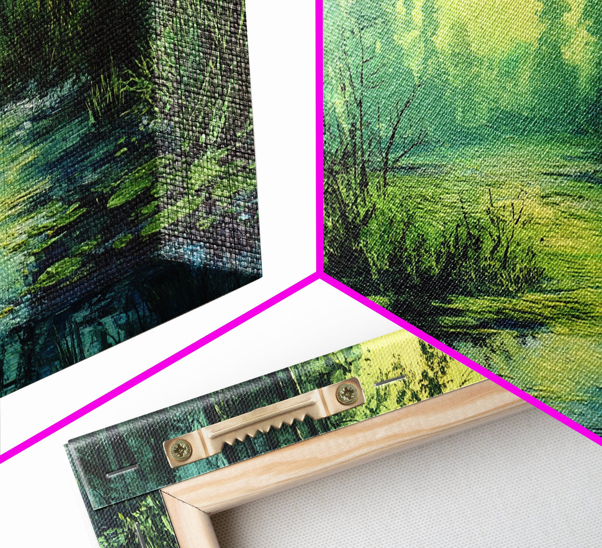 Forest Lagoon, green wall art, nature landscape painting, botanical prints, wabi sabi art, extra wide art, Framed Canvas Print