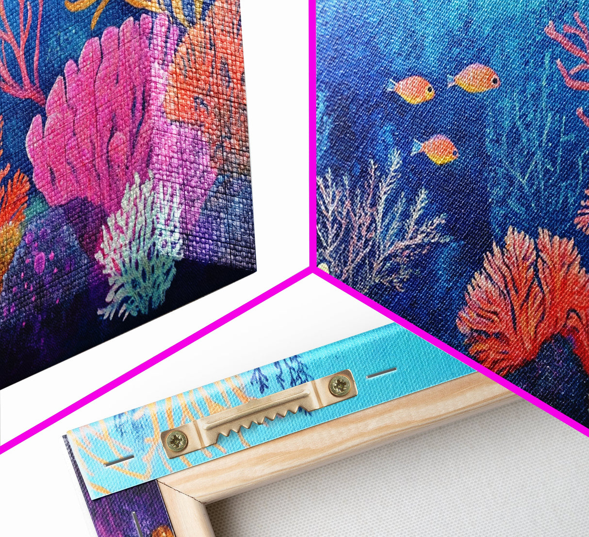 Coral Reef, ocean painting, whimsical art, koi fish painting, marine life art, vibrant wall art, coastal decor, Framed Canvas Print