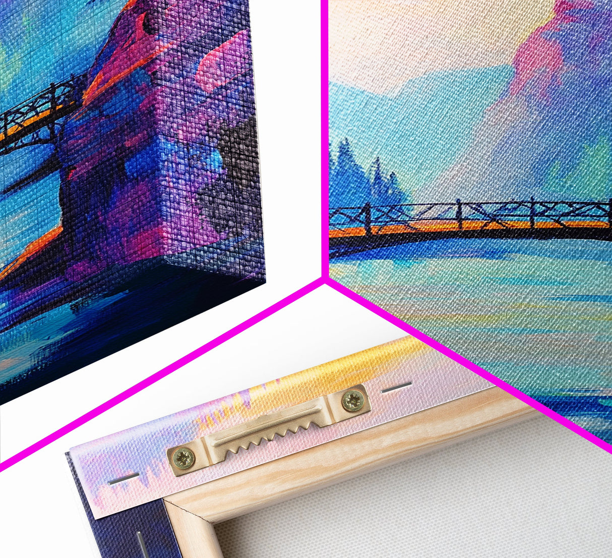 Vibrant Mountain Bridge, pink orange wall art, forest at dusk painting, landscape painting, above bed wall art, Canvas Print